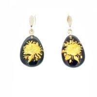 Teardrop Cognac Amber Flower Carving Cameo Dangling Earrings
