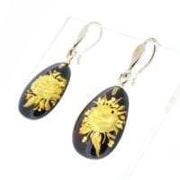 Teardrop Cognac Amber Flower Carving Cameo Dangling Earrings