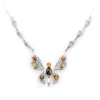 Multi-Color Amber Set In Sterling Silver Elegant Butterfly Necklace
