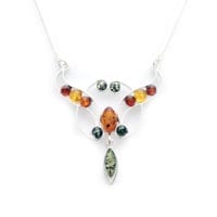 Multi-Color Amber Set In Sterling Silver Elegant Butterfly Necklace