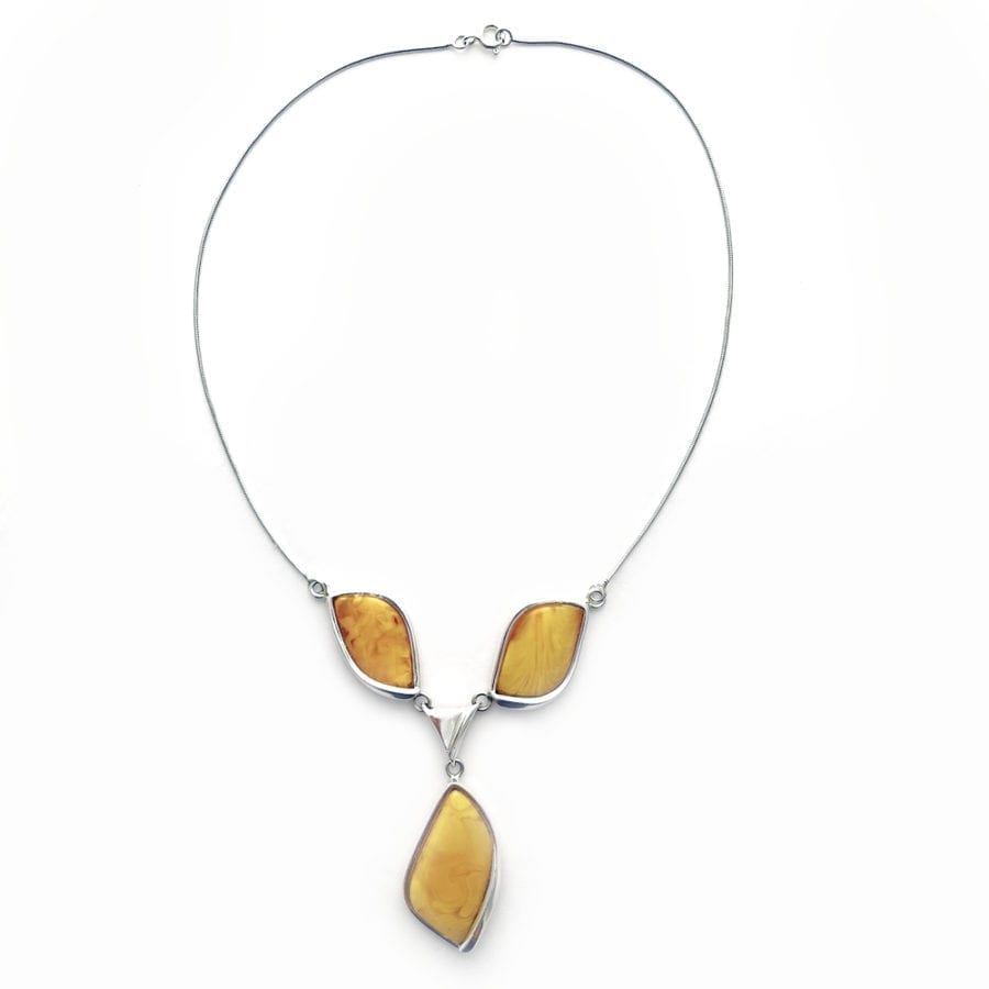 3-Stone Butterscotch Amber Set In Sterling Silver Necklace