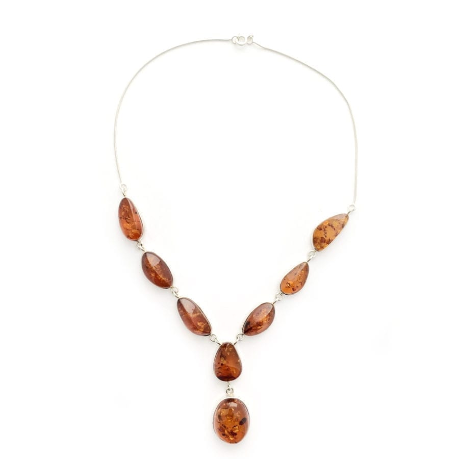 8-Stone Hand-Crafted Cognac Amber Set In Sterling Silver Y Necklace