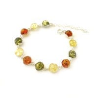 Round-Shaped Baltic Amber Set In Sterling Silver Link Bracelet
