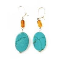 Genuine Turquoise and Cognac Amber Dangling Earrings
