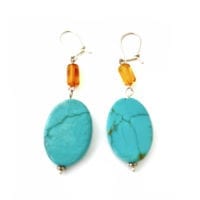 Genuine Turquoise and Cognac Amber Dangling Earrings