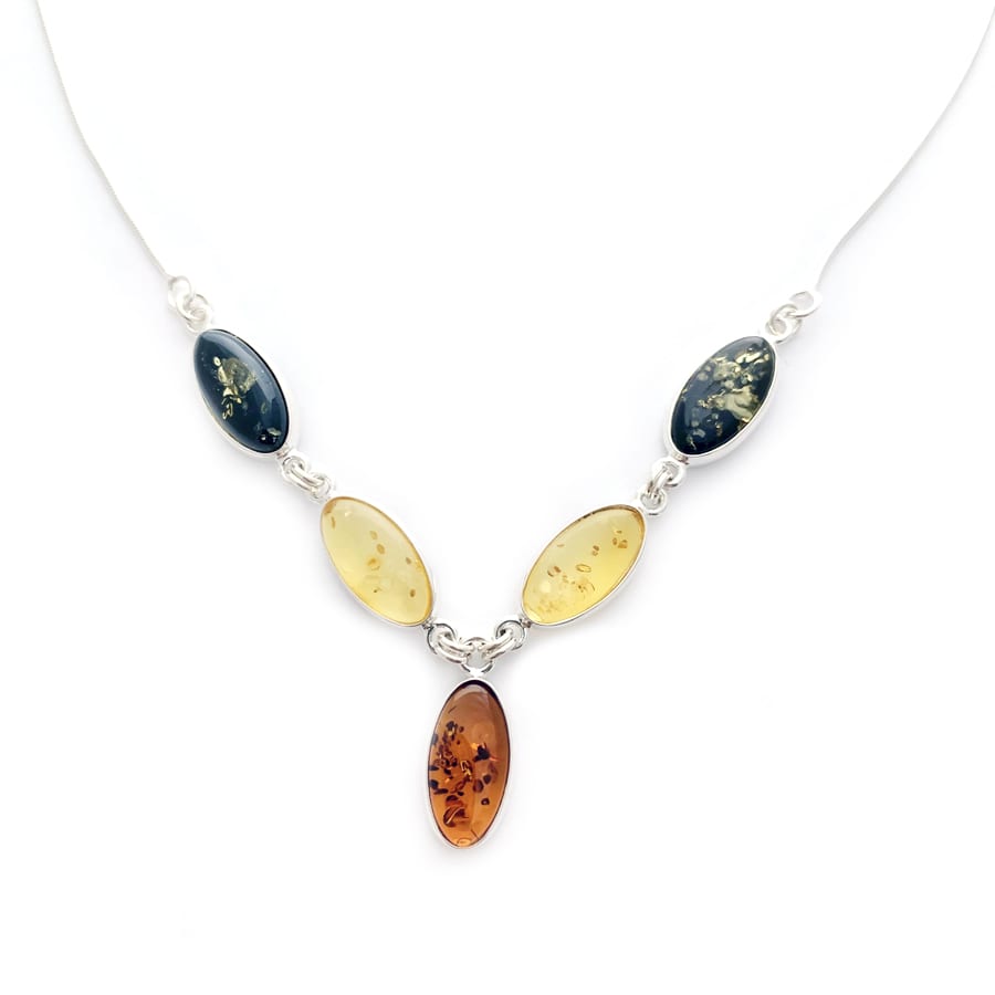 silver necklace with amber stone